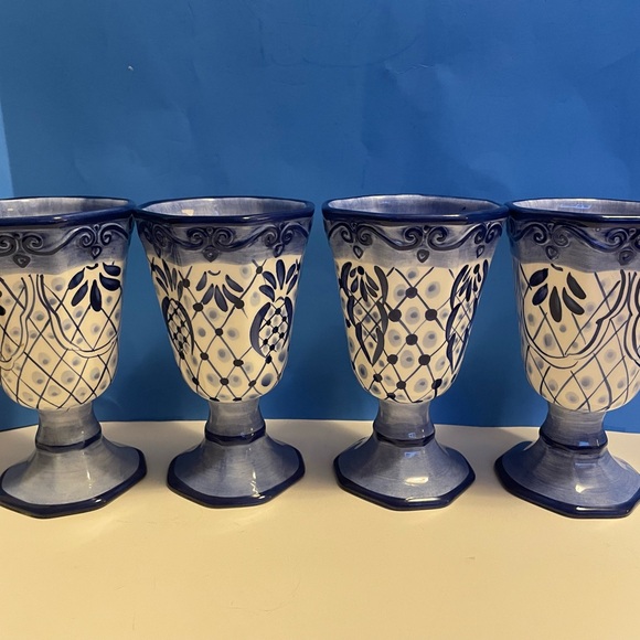 Tabletops Unlimited Hand-Painted Lisbon Blue White Ceramic Footed Goblets - Picture 7 of 10